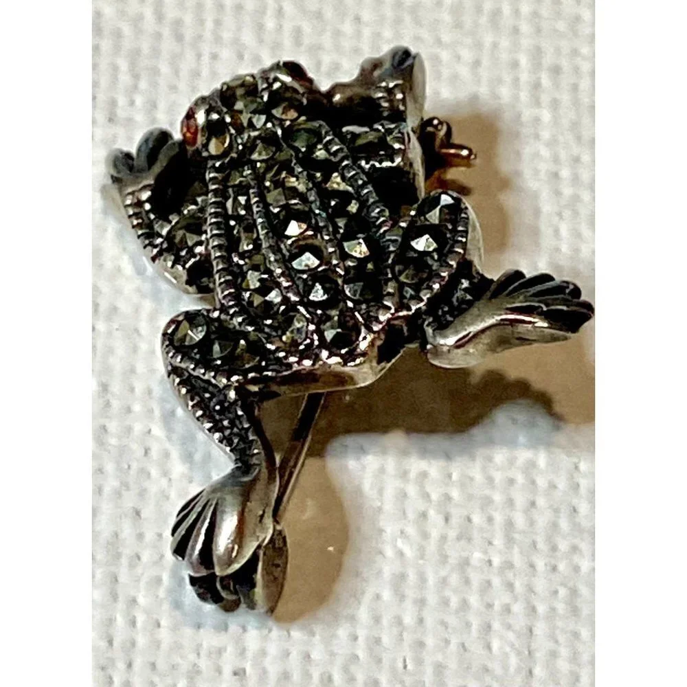 Vintage Two Silver‎ Marcasite Frog Pins with Red Glass Eyes